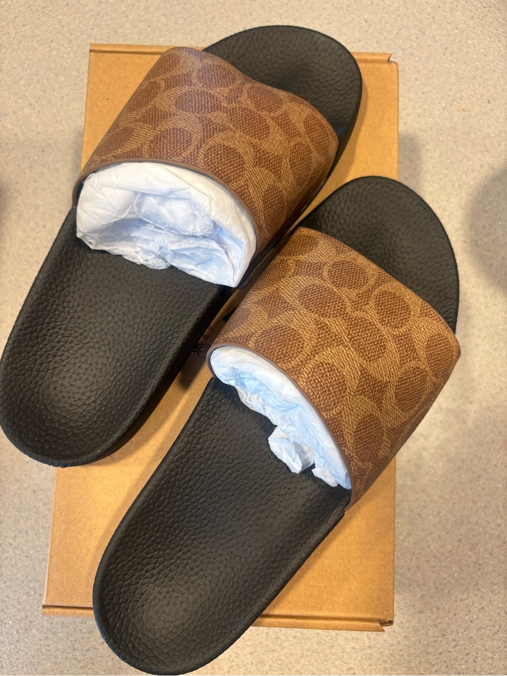Coach Tan Signature Monogram Slide with Black Footbed Limited Edition